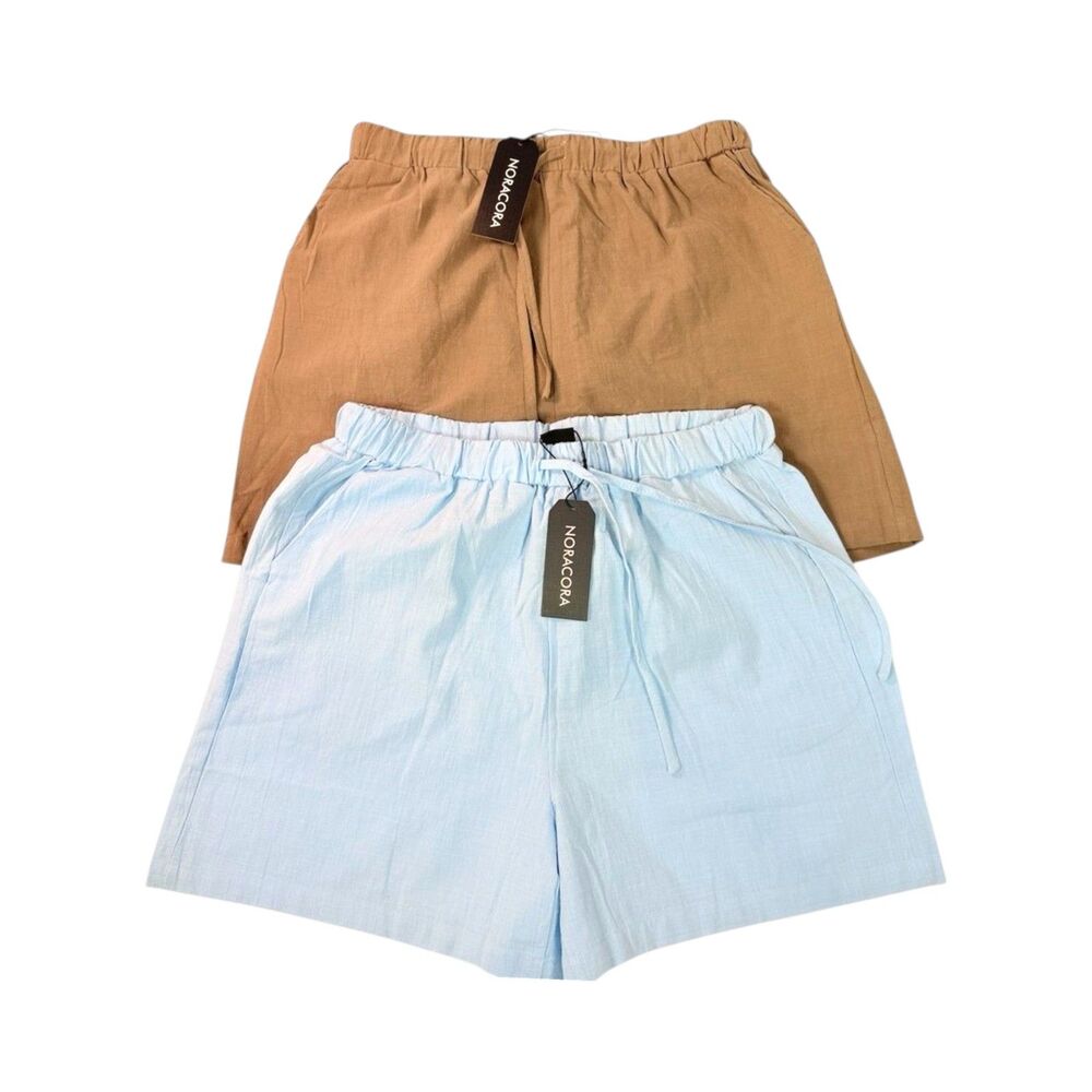 BUNDLE of‎ 2 Noracora NWT Cotton Linen Tan Blue Shorts Pockets Womens L